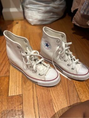 Converse White High Top Sneakers with Red & Blue Trim